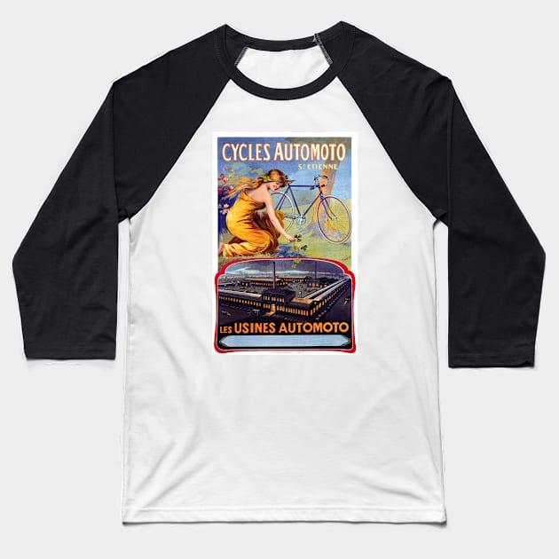 Vintage Travel Poster France Cycles Automoto St. Etienne Baseball T-Shirt by vintagetreasure